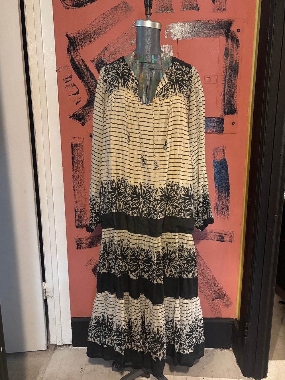 Matta Black and Cream Tiered Boho Maxi Dress